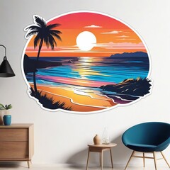 AI generative image of circular sticker design with a vibrant tropical beach sunset and palm trees