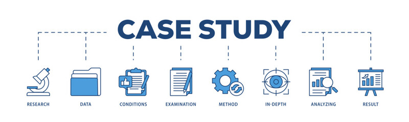 Case study icons process structure web banner illustration of research, data, conditions, examination, method, in depth, analyzing, and result icon live stroke and easy to edit 