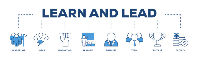 Learn and lead icons process structure web banner illustration of leadership, ideas, motivation, training, business, team, success, and growth icon live stroke and easy to edit 