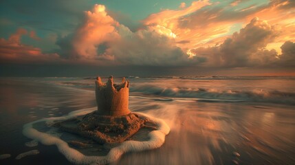 A solitary sandcastle standing proudly against the backdrop of a vast, cloud-painted sky and the...