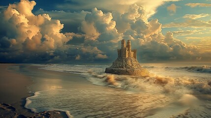 A solitary sandcastle standing proudly against the backdrop of a vast, cloud-painted sky and the rhythmic ebb of the tide. - obrazy, fototapety, plakaty