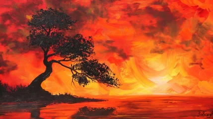 Muurstickers A solitary tree silhouetted against the fiery colors of a sunset. © The Image Studio