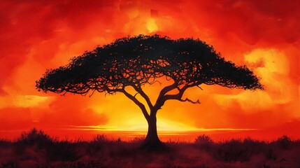 A solitary tree silhouetted against the fiery colors of a sunset.