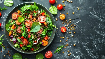 Green salad for vegetarians with lentils and vegetables. Generative Ai