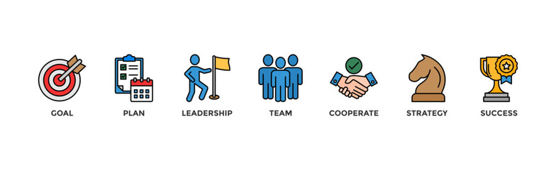 Mission banner web icon vector illustration concept with icon of goal, plan, leadership, team, cooperate, strategy and success	