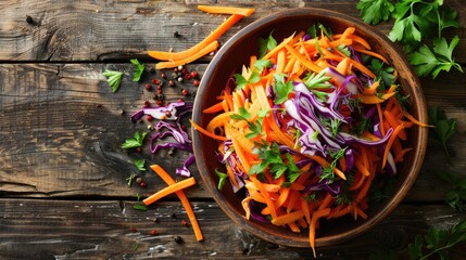A wooden bowl filled with carrot and cabbage salad. Generative Ai