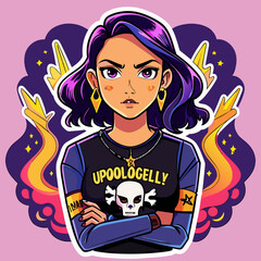 Tshirt sticker of Unapologetically Me featuring a confident girl rocking a bold graphic tee with the slogan Unapologetically Me, surrounded by edgy elements like skulls, lightning bolts