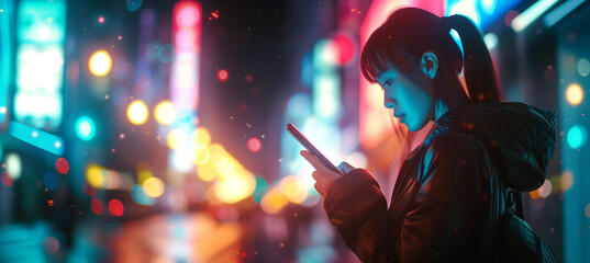 Vibrant city night: woman engrossed in mobile app under dazzling street lights