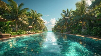 A paradise in the tropics with a crystal clear pool nearby. Generative Ai - obrazy, fototapety, plakaty