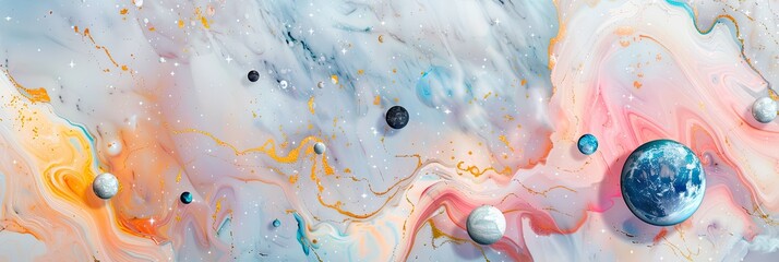 Cosmic elements like stars and planets embedded in marble textures, creating a surreal and ethereal backdrop