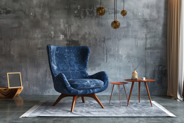 Contemporary interior with a statement blue armchair and complementary coffee tables, set against a calming grey backdrop, Generative AI
