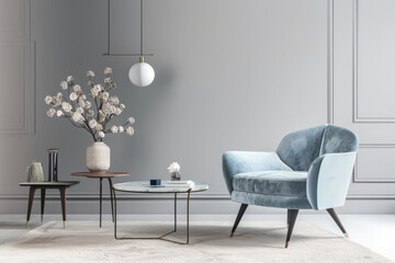 Elegant living room setup showcasing a statement blue armchair and minimalist coffee tables, on a calming grey background, Generative AI