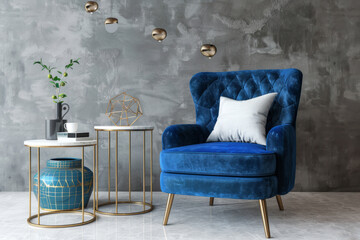 Modern living room decor with a bold blue armchair and elegant coffee tables, against a subtle grey background, Generative AI