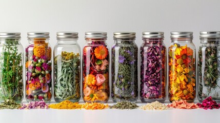 Different glass jars with vibrant dried flowers inside. Generative Ai - obrazy, fototapety, plakaty