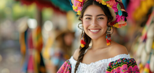 Radiant Latina Woman in Traditional Dress with Colorful Accessories
