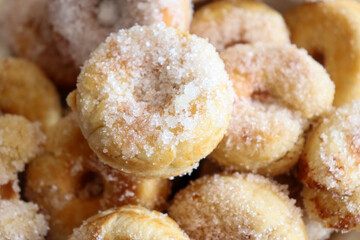 close up of donuts with sugar