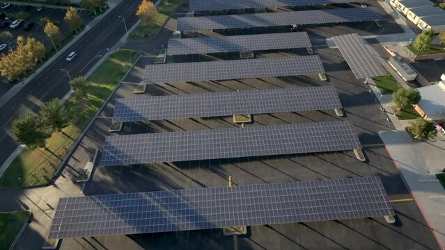 Solar panels covering a high school parking lot at sunset, aerial view