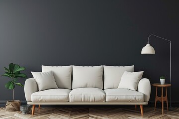 Scandinavian living room with white sofa against empty dark gray wall background