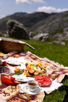 Vibrantly decorated picnic in the nature