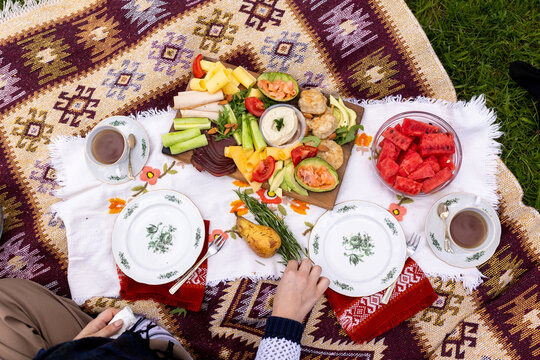 Vibrantly decorated picnic  for two in the nature