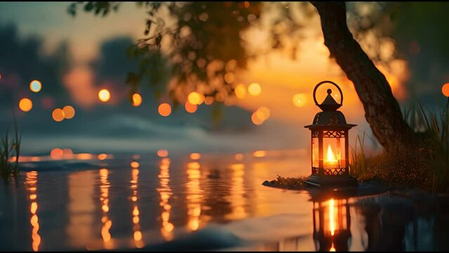 An enchanting evening by the lake with a glowing lantern amidst a backdrop of a golden sunset and shimmering water reflections.

