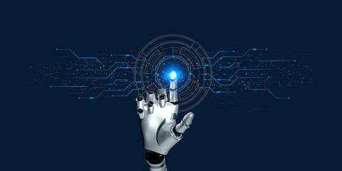 3D robotic hand connecting human on digital data circuit diagram develope business connection net work , technology concept