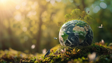 Image of a bird flying over a sphere of lush green earth bathed in the morning sun.