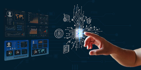 people connecting AI learning human work in data computer chip net work  dashboard