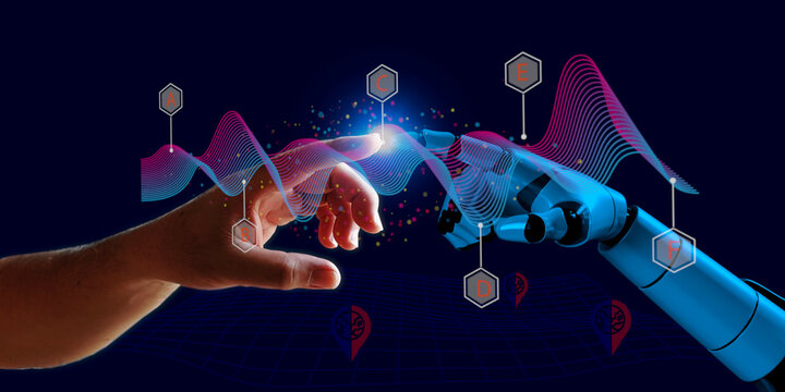 human hand connecting 3D robotic hand  with data flow diagram electronic location coordinates . Artificial intelligence data analytic dashboard algorithm develop business, technology concept