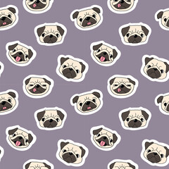 Seamless Pattern of Cartoon Pug Dog Face Design on Dark Purple Background