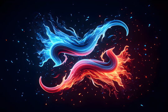 blue and red fire on clear black background, cold and hot flames and sparks background