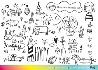 Fototapeta na wymiar Collection of hand drawn cute doodles,Doodle children drawing,Sketch set of drawings in child style,Funny Doodle Hand Drawn,Page for coloring, cute animal