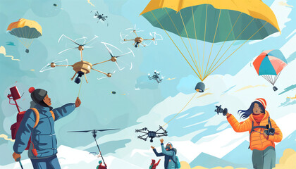 Cartoon-style Meteorologists Launching Weather Balloons
