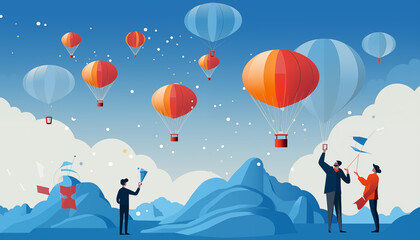Cartoon-style Meteorologists Launching Weather Balloons

