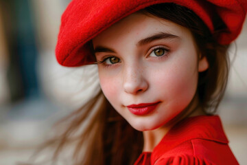 Close-up portrait of a charming young French girl wearing a red beret and a red outfit