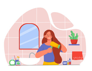 Woman dry hair at bathroom vector