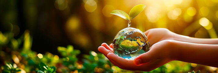 Image of a child's hand covering a sphere of the earth overflowing with abundant water.