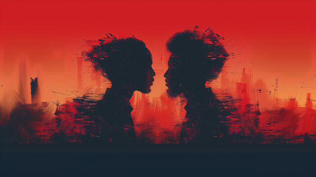 Silhouette of a couple of two gay men kissing in the city. The image is blurry and has a red and black color scheme