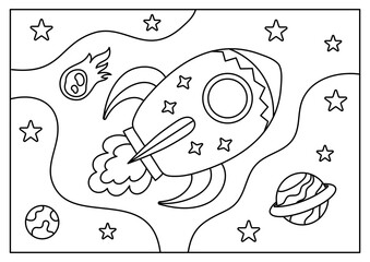 rocket in space cartoon coloring page for kid
