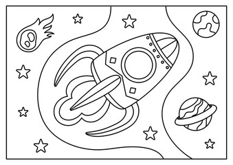 rocket in space cartoon coloring page for kid