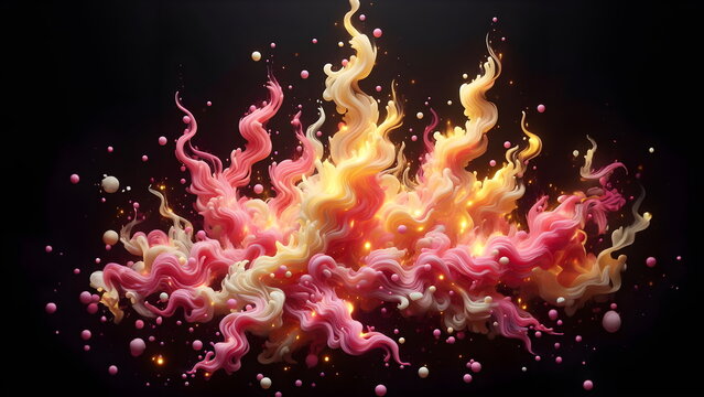 pink and yellow fire on clear black background, pink and yellow flames and sparks background © Borneo