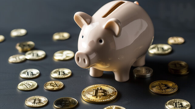 Piggy Bank Surrounded by Bitcoin Coins on Dark Surface