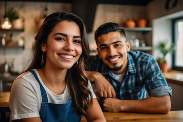 A happy young Hispanic couple smiling as they pose in their restaurant kitchen