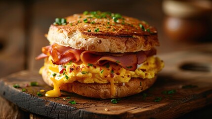Breakfast sandwich with scrambled English muffin. Generative Ai