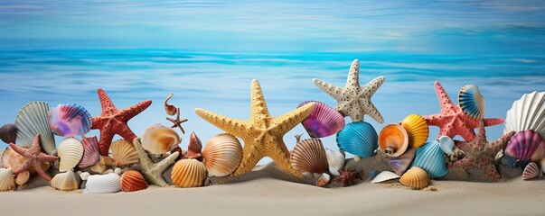 A vibrant ocean community of animal invertebrates, including colorful shells and majestic starfish, dance in the salty sea breeze, celebrating the beauty of life and nature's endless - obrazy, fototapety, plakaty