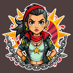 Tshirt sticker of a Rebel Cause Craft a rebellious depicting a girl flaunting a rebellious attitude in a tee adorned with rebellious motifs like graffiti, chains, and barbed wire, sending a message.