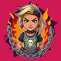 Tshirt sticker of a Rebel Cause Craft a rebellious depicting a girl flaunting a rebellious attitude in a tee adorned with rebellious motifs like graffiti, chains, and barbed wire, sending a message.