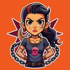 Tshirt sticker of a Rebel Cause Craft a rebellious depicting a girl flaunting a rebellious attitude in a tee adorned with rebellious motifs like graffiti, chains, and barbed wire, sending a message.