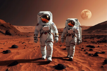 Explorers on Mars, astronauts traversing the crimson terrain of the planet