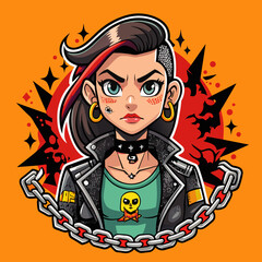 Tshirt sticker of a Rebel Cause Craft a rebellious depicting a girl flaunting a rebellious attitude in a tee adorned with rebellious motifs like graffiti, chains, and barbed wire, sending a message.